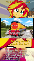 Size: 720x1280 | Tagged: safe, derpibooru exclusive, sunset shimmer, equestria girls, comic, conspiracy theory, edgy, fourth wall, hasbro vs mattel, mask, mattel, op is on drugs, thomas the tank engine, wat