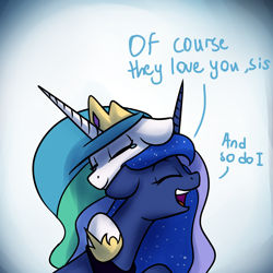 Size: 1200x1200 | Tagged: safe, artist:anticular, derpibooru import, princess celestia, princess luna, alicorn, pony, ask sunshine and moonbeams, dialogue, duo, duo female, eyes closed, female, floppy ears, hug, mare, open mouth, sisters