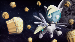 Size: 1920x1080 | Tagged: safe, artist:mentore067, derpy hooves, pegasus, pony, 3d, astronaut, female, mare, mare in the moon, moon, muffin, solo, source filmmaker, space, spacesuit