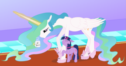 Size: 1325x700 | Tagged: safe, artist:bri-sta, artist:pageturner1988, princess celestia, twilight sparkle, unicorn twilight, alicorn, pony, unicorn, #1 teacher, bedroom slippers, bunny slippers, clothes, coffee mug, colored, cute, eyes closed, female, filly, filly twilight sparkle, floppy ears, frown, hug, magic, majestic as fuck, mare, momlestia, morning ponies, mug, number one, number one teacher, slippers, smiling, telekinesis, tired, twiabetes, younger
