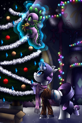 Size: 1045x1567 | Tagged: dead source, safe, artist:tidalwav-3, rarity, spike, dragon, pony, unicorn, christmas tree, clothes, female, magic, male, scarf, shipping, sparity, straight, tree