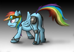 Size: 1143x800 | Tagged: safe, artist:hereticofdune, derpibooru import, rainbow dash, pegasus, pony, augmented, cog, plot, solo, steampunk