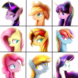 Size: 2160x2160 | Tagged: safe, artist:zidanemina, applejack, derpy hooves, fluttershy, pinkie pie, rainbow dash, rarity, starlight glimmer, sunset shimmer, twilight sparkle, earth pony, pegasus, pony, unicorn, female, mane six, mare, one eye closed, smiling