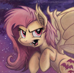 Size: 500x498 | Tagged: safe, artist:kenket, artist:spainfischer, fluttershy, bat pony, pony, fangs, female, flutterbat, mare, night, race swap, solo, stars, traditional art