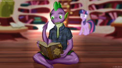 Size: 1920x1080 | Tagged: safe, artist:reinkorn, derpibooru import, spike, twilight sparkle, dragon, book, clothes, library, older, reading, sitting