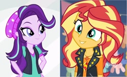 Size: 1436x871 | Tagged: safe, edit, screencap, starlight glimmer, sunset shimmer, better together, equestria girls, mirror magic, rollercoaster of friendship, spoiler:eqg specials, adorable face, beanie, cute, hat, smiling