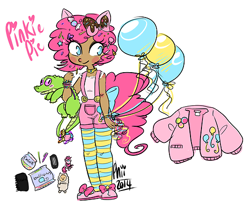 Size: 500x415 | Tagged: safe, artist:plumsweet, gummy, pinkie pie, human, balloon, clothes, eared humanization, humanized, jacket, overalls, pet, socks, striped socks, suspenders, tailed humanization