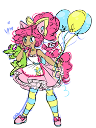 Size: 500x666 | Tagged: safe, artist:plumsweet, gummy, pinkie pie, human, balloon, eared humanization, humanized, tailed humanization