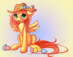 Size: 1057x834 | Tagged: safe, artist:kitchiki, fluttershy, pegasus, pony, egg, hat, solo