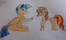 Size: 1248x769 | Tagged: safe, artist:arbuzozozila, flash sentry, sunset shimmer, pegasus, unicorn, blushing, female, flashimmer, male, ring, shipping, smiling, smirk, straight, traditional art