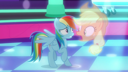 Size: 1280x720 | Tagged: safe, derpibooru import, screencap, applejack, rainbow dash, earth pony, pegasus, pony, grannies gone wild, appleghost, disembodied head, female, floating head, frown, gritted teeth, hat, head, looking at each other, mare, open mouth, raised hoof, raised leg, spread wings, wat, wide eyes, wings