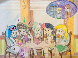 Size: 1040x769 | Tagged: safe, artist:bluek9, bon bon, derpy hooves, dj pon-3, doctor whooves, lyra heartstrings, octavia melody, sweetie drops, vinyl scratch, equestria girls, background five, thought bubble, traditional art