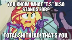 Size: 600x337 | Tagged: safe, edit, edited screencap, screencap, sci-twi, sunset shimmer, twilight sparkle, equestria girls, friendship games, angry, exploitable meme, image macro, meme, sunset yells at twilight, vulgar