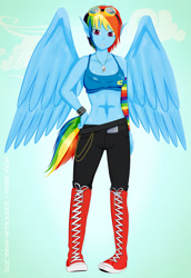 Size: 1920x2793 | Tagged: safe, artist:kurookami-sama, derpibooru import, rainbow dash, human, belly button, clothes, converse, elf ears, goggles, humanized, midriff, necklace, pony coloring, solo, tailed humanization, winged humanization