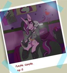 Size: 2397x2591 | Tagged: safe, artist:cckittycreative, starlight glimmer, pony, unicorn, beanie, bed, clothes, edgelight glimmer, electric guitar, emo, eyeshadow, female, goth, guitar, hair over one eye, hat, makeup, nickname, photo, photo album, poster, punk, solo, starlight's room, teenage glimmer, teenager