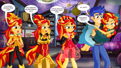 Size: 5500x3090 | Tagged: safe, artist:dieart77, flash sentry, sunset shimmer, better together, dance magic, equestria girls, forgotten friendship, legend of everfree, spoiler:eqg specials, barefoot, bed, bedroom, bedroom eyes, blushing, book, bookshelf, carrying, chandelier, clones, clothes, commission, confused, conversation, crystal gala dress, crystal guardian, dialogue, dress, eyes on the prize, feet, female, flash sentry gets all the waifus, flashimmer, group, holding, imminent sex, implications, jealous, lidded eyes, lucky bastard, male, multeity, open mouth, outfit, pillow, ponied up, pony ears, ponytail, sci-twi's room, self paradox, self ponidox, shipping, shoes, skirt, smiling, smirk, speech bubble, straight, super ponied up, talking, teeth, tongue out, touch, trophy, vulgar