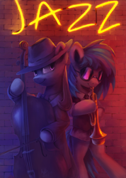 Size: 1024x1440 | Tagged: safe, artist:anticular, derpibooru import, dj pon-3, octavia melody, vinyl scratch, earth pony, pony, unicorn, bipedal, cello, clothes, duo, duo female, female, hat, jazz, mare, musical instrument, neon, neon sign, trumpet