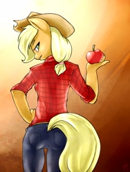 Size: 1200x1600 | Tagged: safe, artist:lizzyoli-ravioli, applejack, anthro, apple, clothes, hat, looking back, obligatory apple, solo