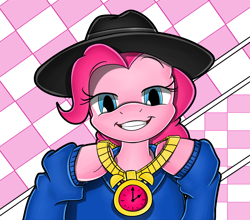 Size: 1500x1322 | Tagged: safe, artist:flam3zero, pinkie pie, earth pony, pony, testing testing 1-2-3, grin, hat, looking at you, rapper pie, solo, style emulation, yuji uekawa style