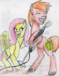 Size: 1791x2293 | Tagged: safe, artist:darkdawnbrony, big macintosh, fluttershy, earth pony, pegasus, pony, fluttermac, male, microphone, shipping, singing, stallion, straight, traditional art