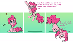 Size: 2325x1350 | Tagged: safe, artist:yikomega, pinkie pie, earth pony, pony, breaking the fourth wall, comic, dialogue