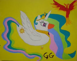 Size: 1375x1107 | Tagged: safe, artist:galaxygoddess, philomena, princess celestia, duck, canvas, painting, species swap, swanlestia, traditional art