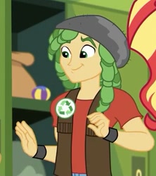 Size: 439x494 | Tagged: safe, screencap, sandalwood, sunset shimmer, better together, equestria girls, overpowered (equestria girls), cropped, cute, male, smiling