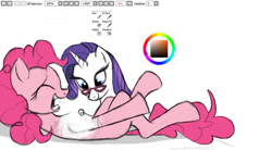 Size: 900x496 | Tagged: safe, artist:gsphere, pinkie pie, rarity, earth pony, pony, unicorn, drawing, glasses, paint tool sai, tickling