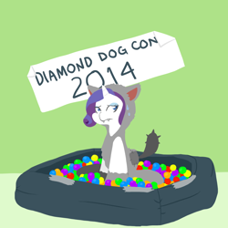 Size: 1000x1000 | Tagged: safe, artist:coggler, rarity, diamond dog, pony, unicorn, ball pit, clothes, convention, costume, dashcon, female, furrity, mare, solo, sweatdrop