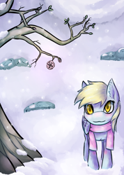 Size: 1140x1600 | Tagged: safe, artist:glazly042, derpy hooves, pegasus, pony, clothes, ear fluff, female, mare, scarf, snow, snowfall, solo