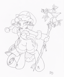 Size: 837x1000 | Tagged: safe, artist:dfectivedvice, rarity, anthro, belly button, clothes, gloves, grayscale, hat, monochrome, sketch, solo, traditional art