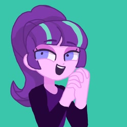 Size: 1536x1538 | Tagged: safe, artist:rakuen_295, starlight glimmer, alien, human, equestria girls, lidded eyes, looking at you, open mouth, simple background, solo, teal background