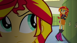 Size: 1920x1080 | Tagged: safe, artist:bubblestormx, edit, edited screencap, editor:slayerbvc, screencap, sunset shimmer, equestria girls, equestria girls (movie), alternate universe, duality, human paradox, human sunset, role reversal, self paradox