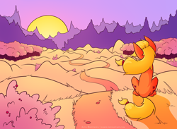 Size: 2250x1650 | Tagged: safe, artist:faikie, applejack, earth pony, pony, mountain, mountain range, scenery, sitting, solo, sunset