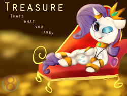 Size: 1024x780 | Tagged: safe, artist:orgin8, rarity, pony, unicorn, collar, gold, hoard, horn ring, solo, song reference