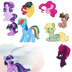 Size: 1000x1000 | Tagged: safe, artist:chautung, pinkie pie, sci-twi, starlight glimmer, sunset shimmer, tempest shadow, twilight sparkle, twilight sparkle (alicorn), oc, oc:hyde, oc:jekyll, alicorn, pony, beanie, cap, equestria girls ponified, hat, ponified