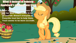 Size: 1023x573 | Tagged: safe, applejack, earth pony, pony, crossed hooves, eyes closed, honesty, solo, text