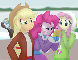 Size: 1039x806 | Tagged: safe, artist:faith-wolff, derpibooru import, applejack, fluttershy, pinkie pie, rainbow dash, fanfic:the bridge, equestria girls, female, phone, snow, story included, tongue out, winter