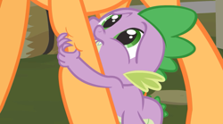 Size: 1280x714 | Tagged: safe, applejack, spike, dragon, earth pony, pony, female, hug, leg hug, male, mare