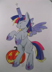 Size: 3072x4224 | Tagged: safe, artist:scribblepwn3, derpy hooves, pegasus, pony, scare master, alicorn costume, clothes, colored pencil drawing, costume, eyes closed, fake horn, fake wings, halloween, horseshoes, jack-o-lantern, nightmare night, nightmare night costume, pen, rearing, solo, toilet paper roll, toilet paper roll horn, traditional art, twilight muffins, wig