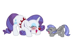 Size: 884x560 | Tagged: safe, artist:biosonic100, rarity, pony, unicorn, female, foal, jingle bells, mother and child, mother and daughter, offspring, parent and child, parent:rarity, parent:thunderlane, parents:rarilane, red nose