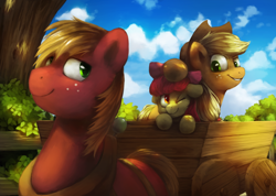 Size: 1024x728 | Tagged: safe, artist:anticular, derpibooru import, apple bloom, applejack, big macintosh, earth pony, pony, cart, male, stallion