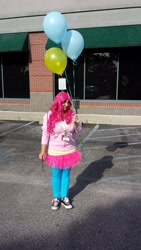 Size: 2322x4128 | Tagged: safe, artist:thepurpleparadox, pinkie pie, human, balloon, cosplay, irl, irl human, photo, solo