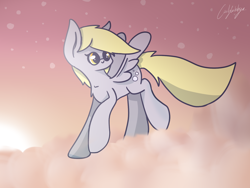 Size: 1600x1200 | Tagged: safe, artist:cecilycabbage, derpy hooves, pegasus, pony, cloud, female, mare, solo, spread wings