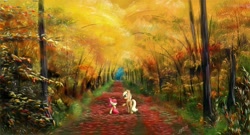 Size: 1222x660 | Tagged: safe, artist:zigword, apple bloom, applejack, earth pony, pony, autumn, forest, grass, road, scenery, sisters, tree