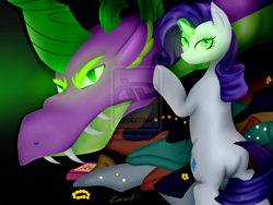 Size: 1024x768 | Tagged: safe, artist:katrittaja, rarity, spike, dragon, pony, unicorn, inspiration manifestation, corrupted, duo, female, greed, greed spike, inspirarity, male, mare, older, possessed, shipping, sparity, spikezilla, straight, watermark, xk-class end-of-the-world scenario