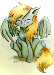 Size: 1440x1990 | Tagged: safe, artist:hiro-uzumaki, derpy hooves, pegasus, pony, blushing, eyes closed, female, mare, sitting, smiling, solo, spread wings, traditional art