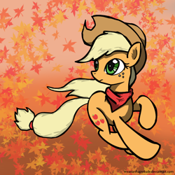 Size: 700x700 | Tagged: safe, artist:mrasianhappydude, applejack, earth pony, pony, bandana, hat, leaves, running, solo