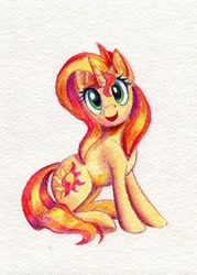 Size: 495x690 | Tagged: safe, artist:kirillk, sunset shimmer, pony, unicorn, cute, happy, looking at you, shimmerbetes, sitting, smiling, solo, traditional art