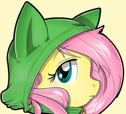 Size: 1500x1360 | Tagged: safe, artist:flam3zero, fluttershy, pegasus, pony, bust, clothes, cute, frown, hoodie, looking at you, portrait, profile, solo, sonic the hedgehog (series), style emulation, yuji uekawa style